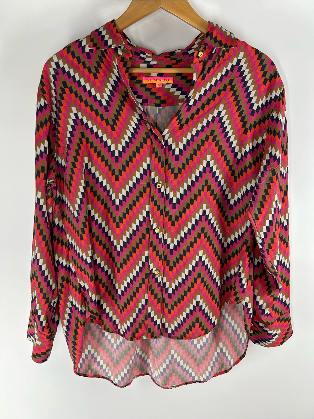Vilagallo Pink Black White Chevron Button-Down Blouse